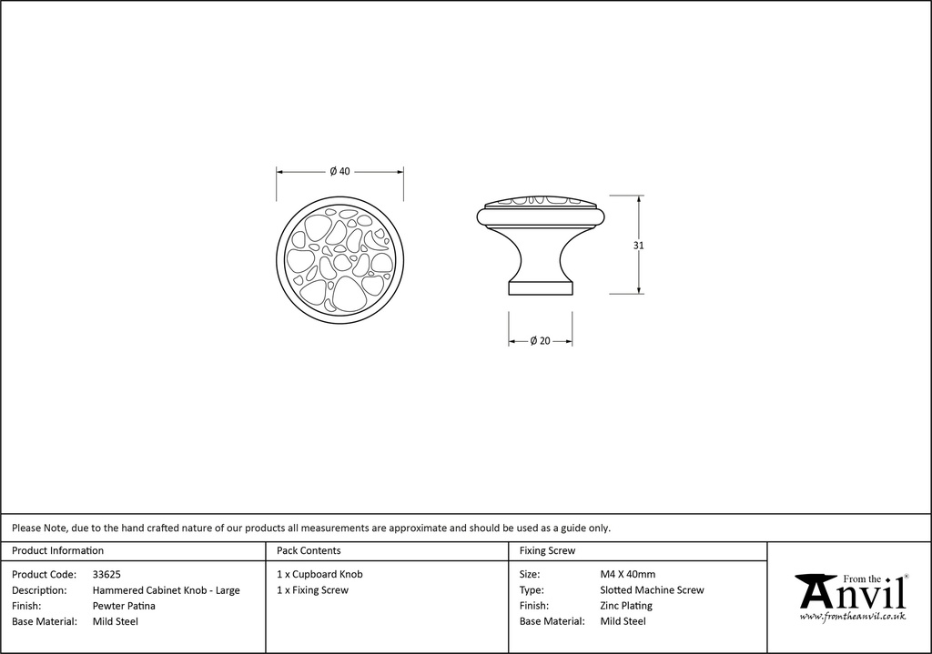 Pewter Hammered Cabinet Knob - Large - 33625 - Technical Drawing