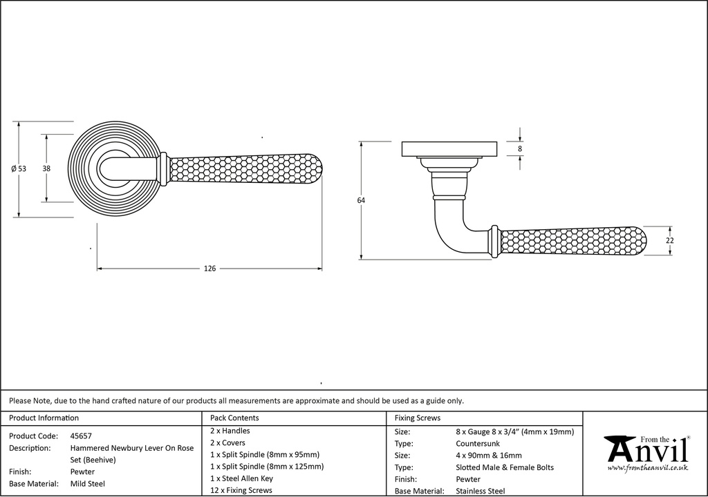 Pewter Hammered Newbury Lever on Rose Set (Beehive) - 45657 - Technical Drawing