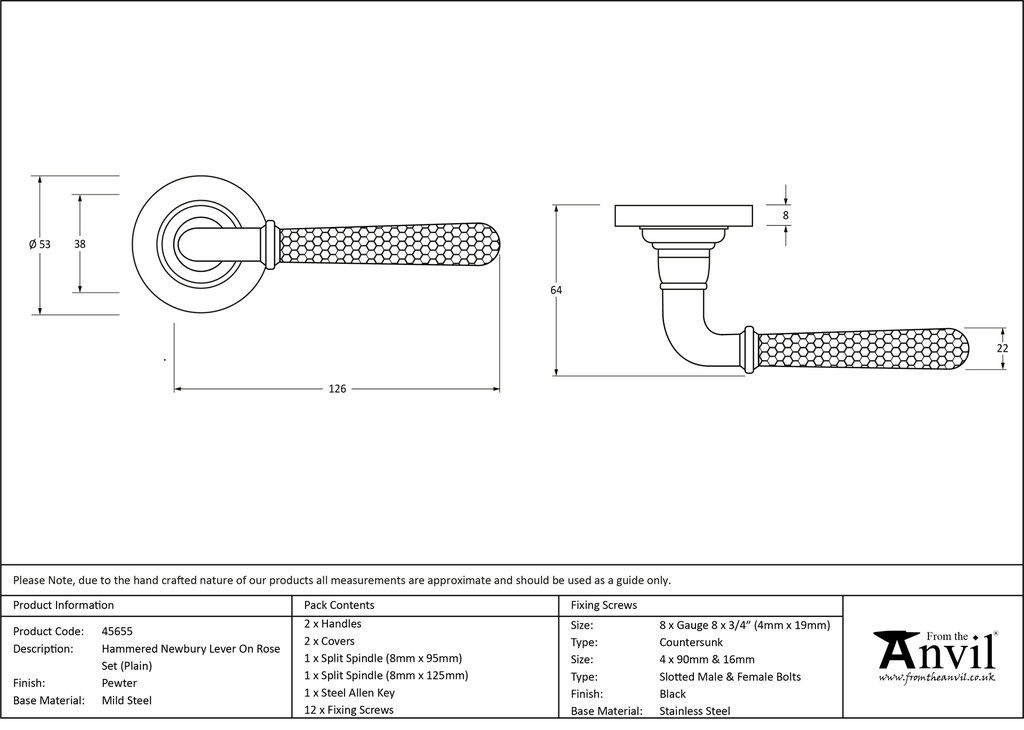 Pewter Hammered Newbury Lever on Rose Set (Plain) - 45655 - Technical Drawing