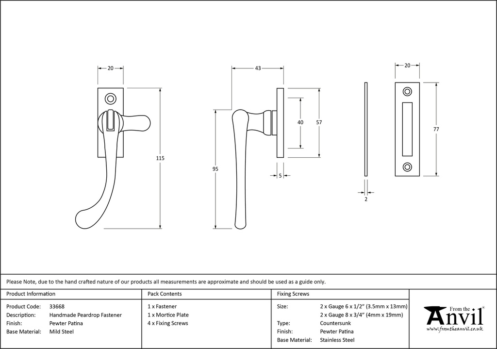 Pewter Handmade Peardrop Fastener - 33668 - Technical Drawing