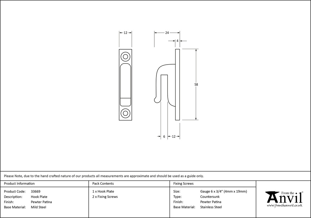 Pewter Hook Plate - 33669 - Technical Drawing