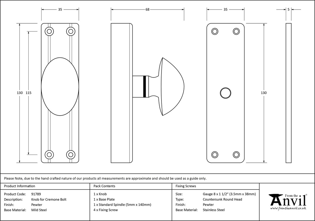 Pewter knob for Cremone Bolt - 91789 - Technical Drawing