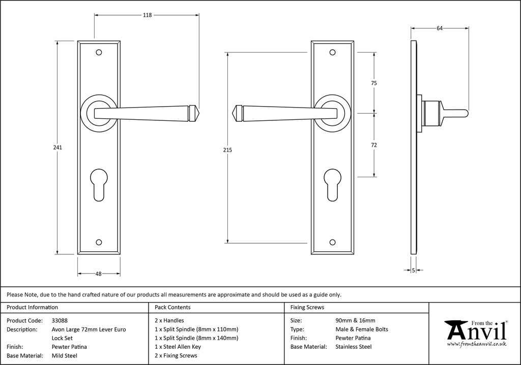 Pewter Large Avon 72mm Centre Euro Lock Set - 33088 - Technical Drawing
