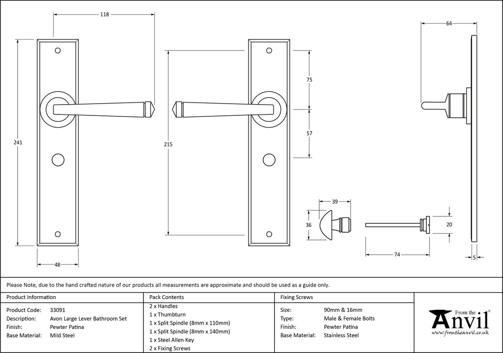 Pewter Large Avon Lever Bathroom Set - 33091 - Technical Drawing