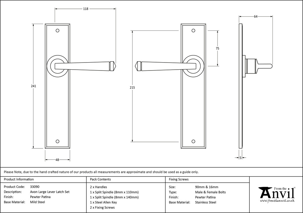 Pewter Large Avon Lever Latch Set - 33090 - Technical Drawing