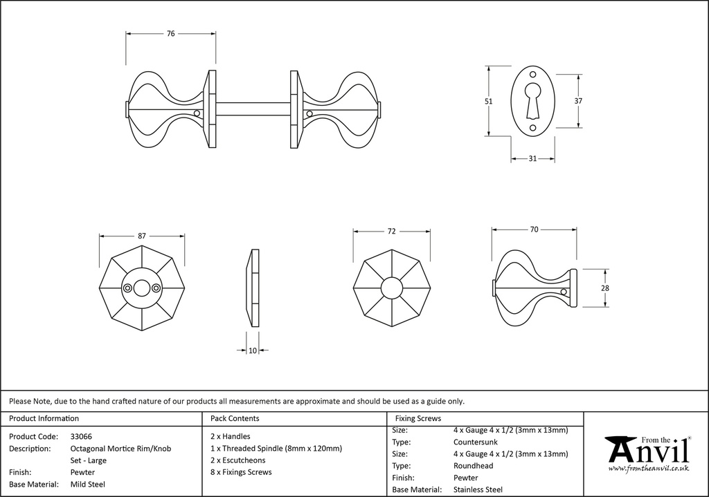 Pewter Large Octagonal Mortice/Rim Knob Set - 33066 - Technical Drawing