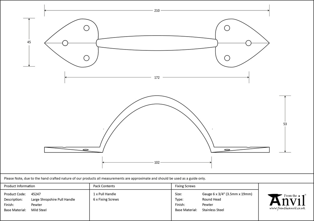 Pewter Large Shropshire Pull Handle - 45247 - Technical Drawing