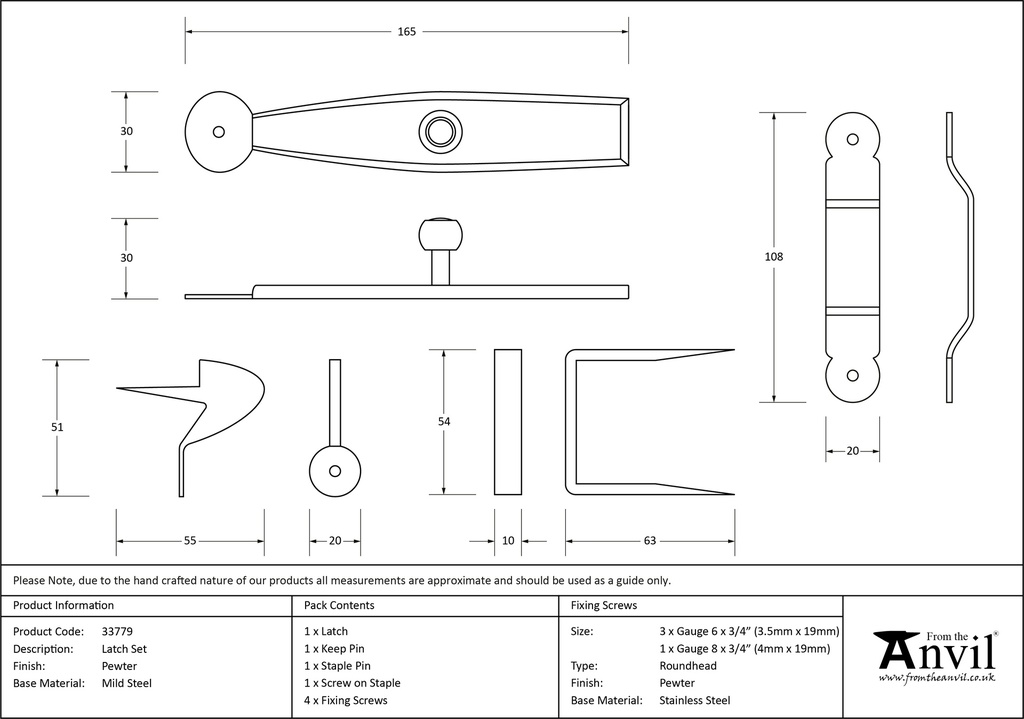Pewter Latch Set - 33779 - Technical Drawing