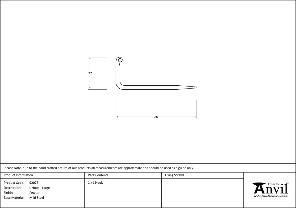 Pewter L Hook - Large - 92078 - Technical Drawing