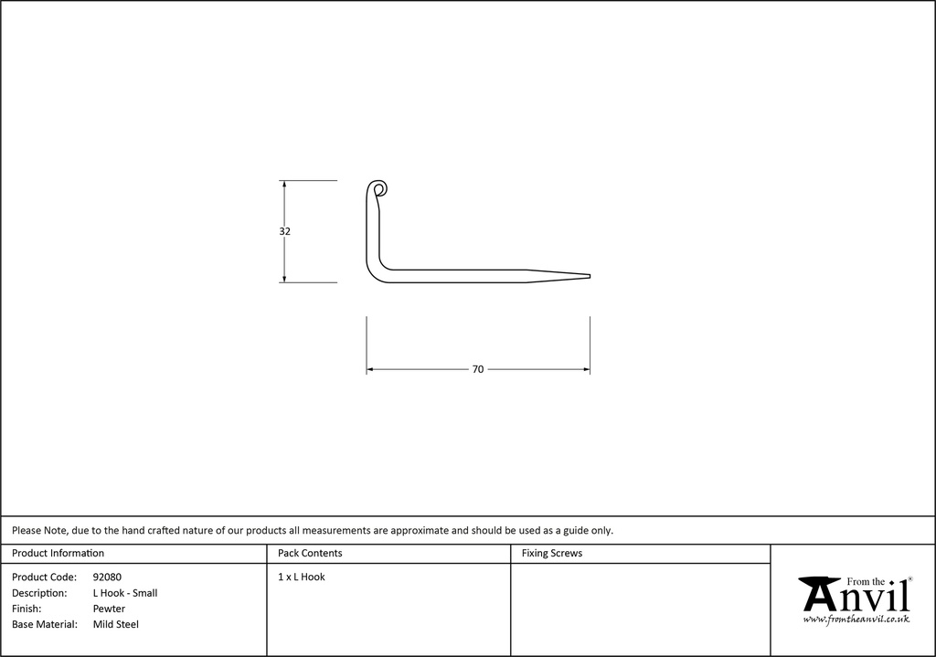 Pewter L Hook - Small - 92080 - Technical Drawing