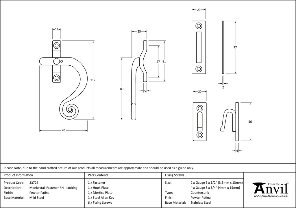 Pewter Locking Monkeytail Fastener - RH - 33726 - Technical Drawing