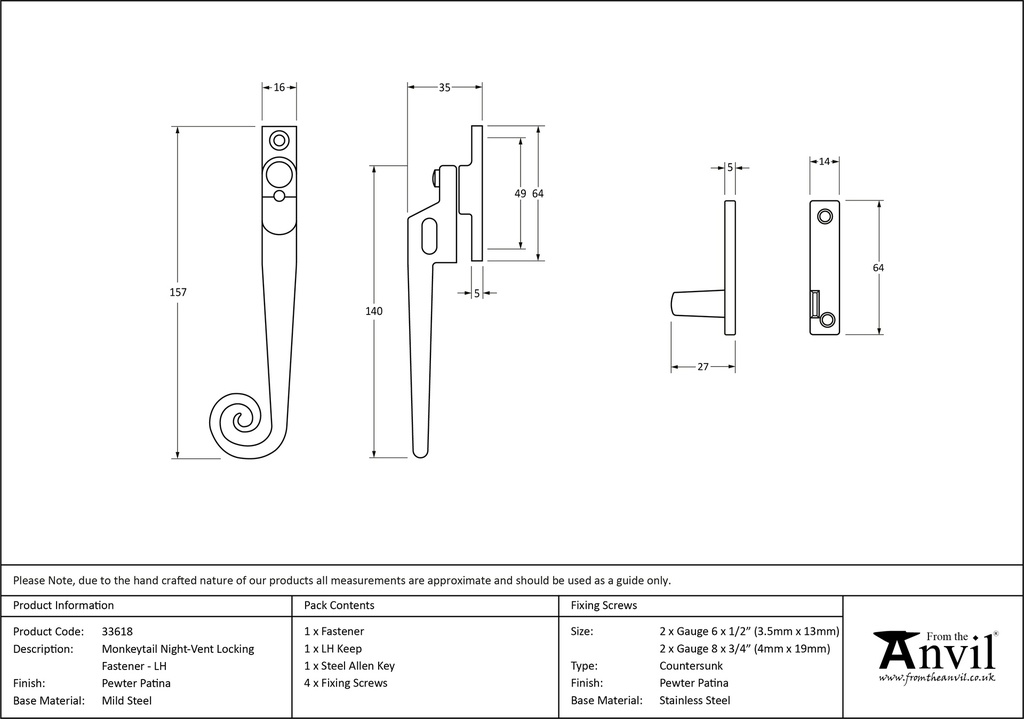 Pewter Locking Night-Vent Monkeytail Fastener - LH - 33618 - Technical Drawing