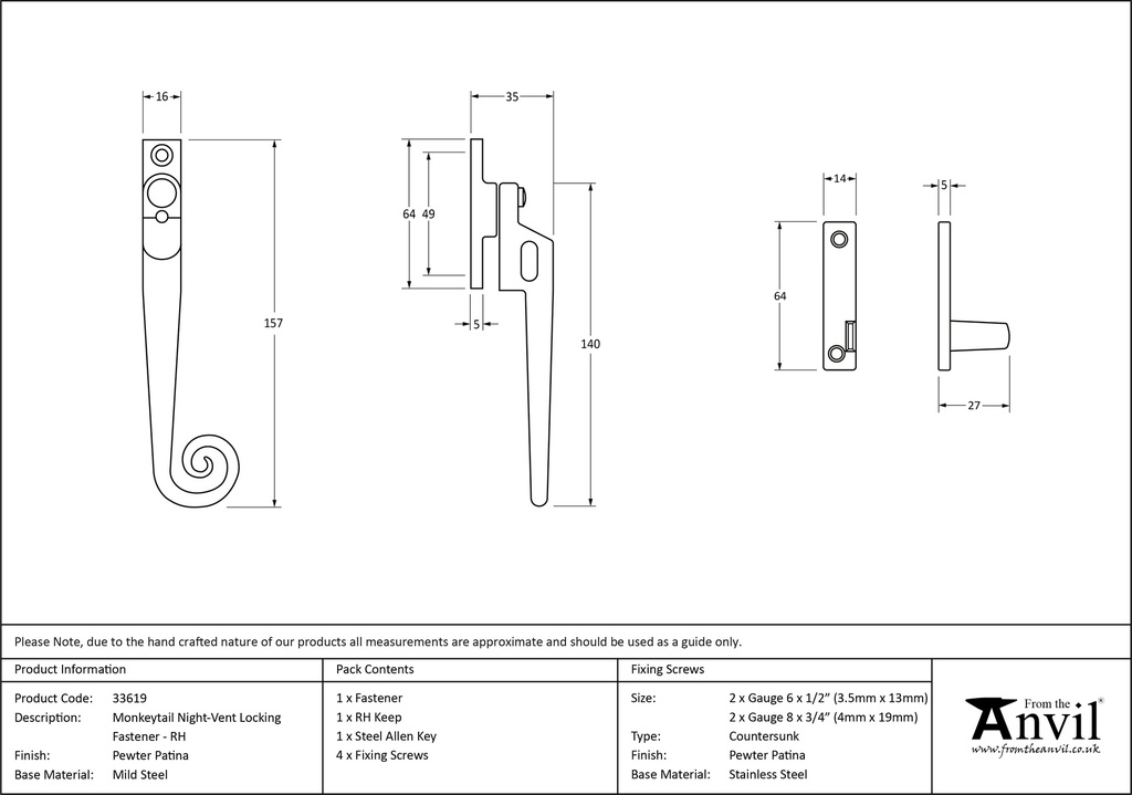 Pewter Locking Night-Vent Monkeytail Fastener - RH - 33619 - Technical Drawing