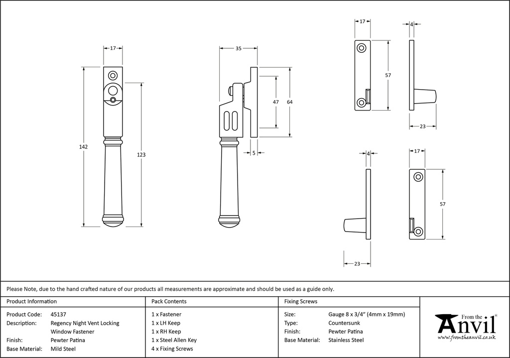 Pewter Locking Night-Vent Regency Fastener - 45137 - Technical Drawing