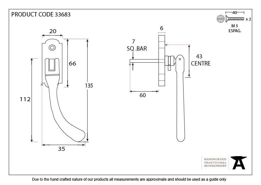 Pewter Locking Peardrop Espag - RH - 33683 - Technical Drawing