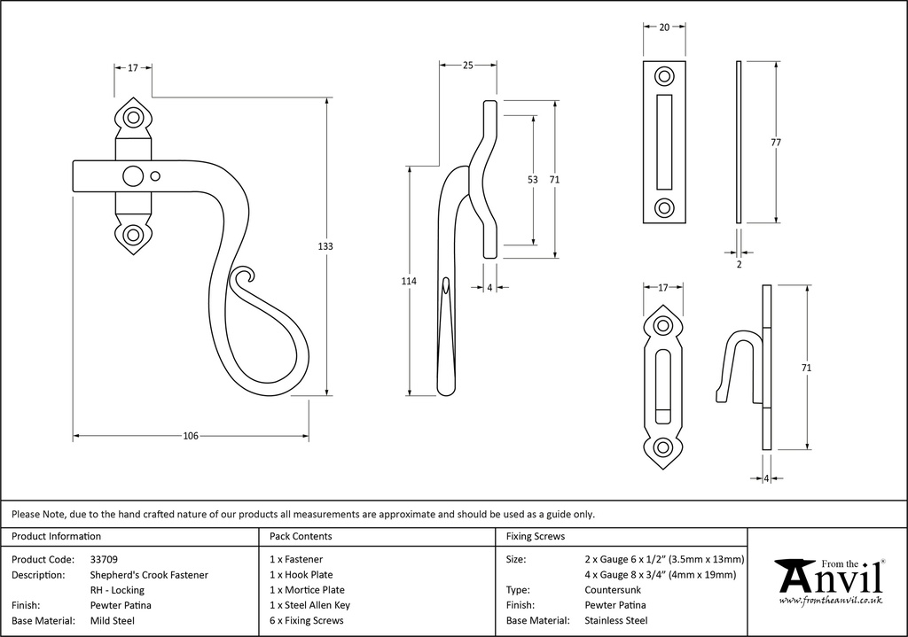 Pewter Locking Shepherd's Crook Fastener - RH - 33709 - Technical Drawing