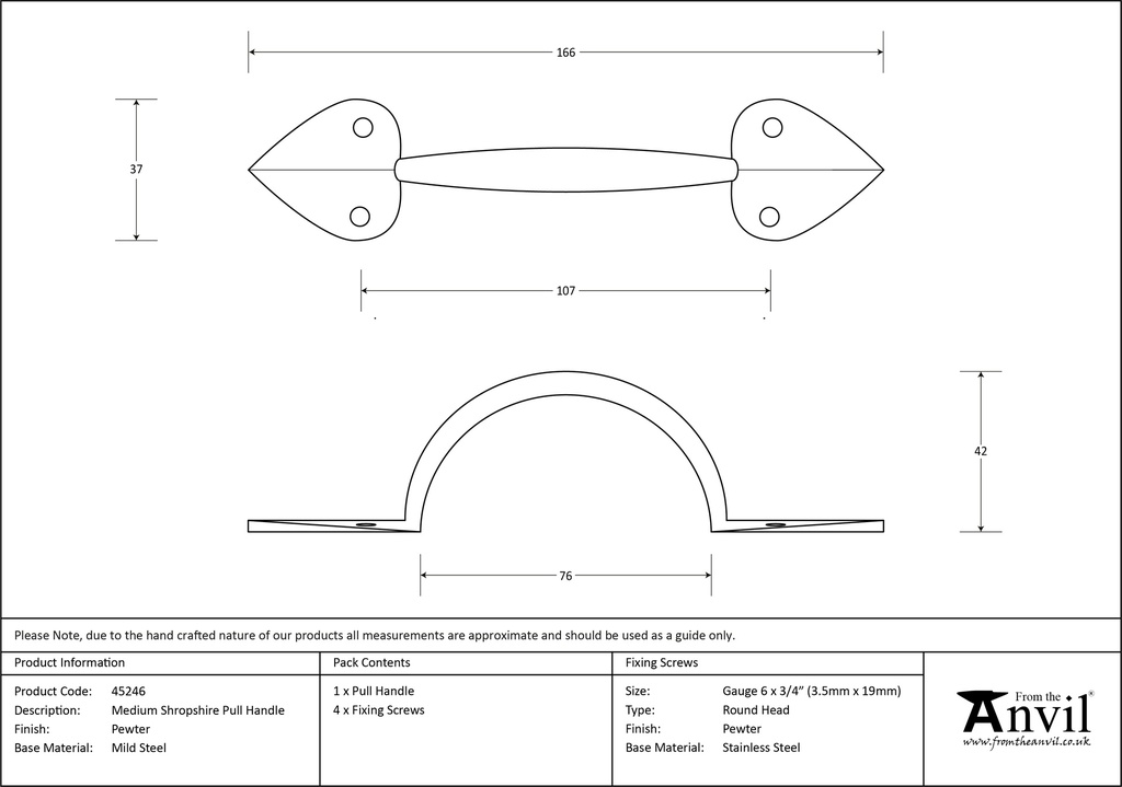 Pewter Medium Shropshire Pull Handle - 45246 - Technical Drawing