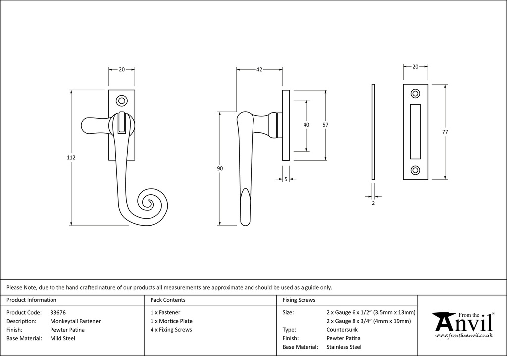 Pewter Monkeytail Fastener - 33676 - Technical Drawing