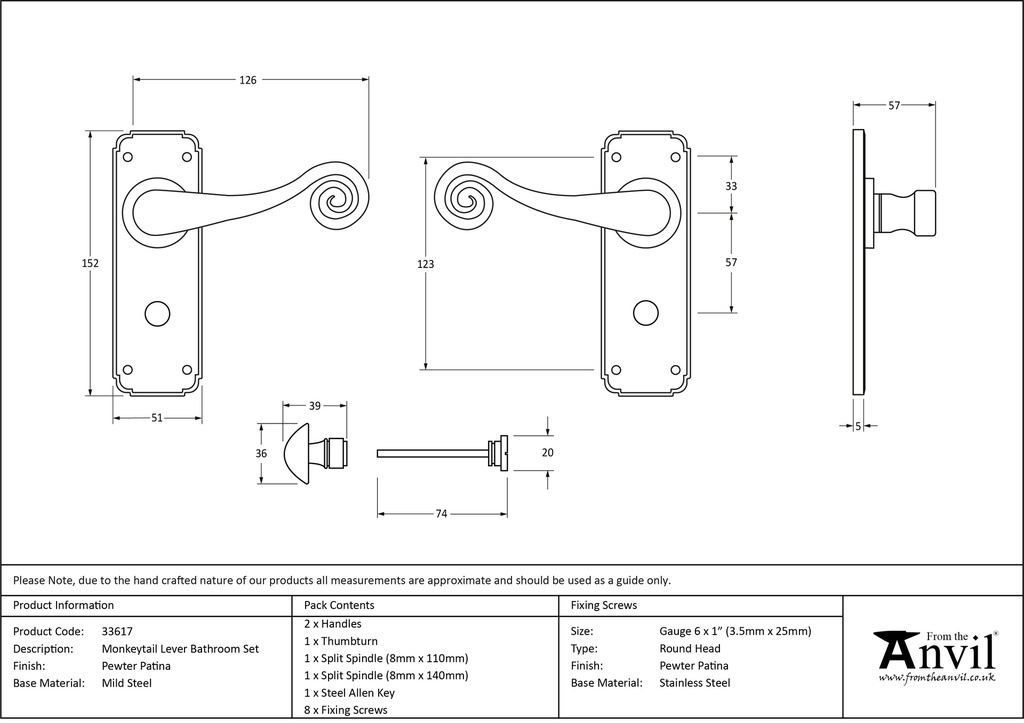 Pewter Monkeytail Lever Bathroom Set - 33617 - Technical Drawing