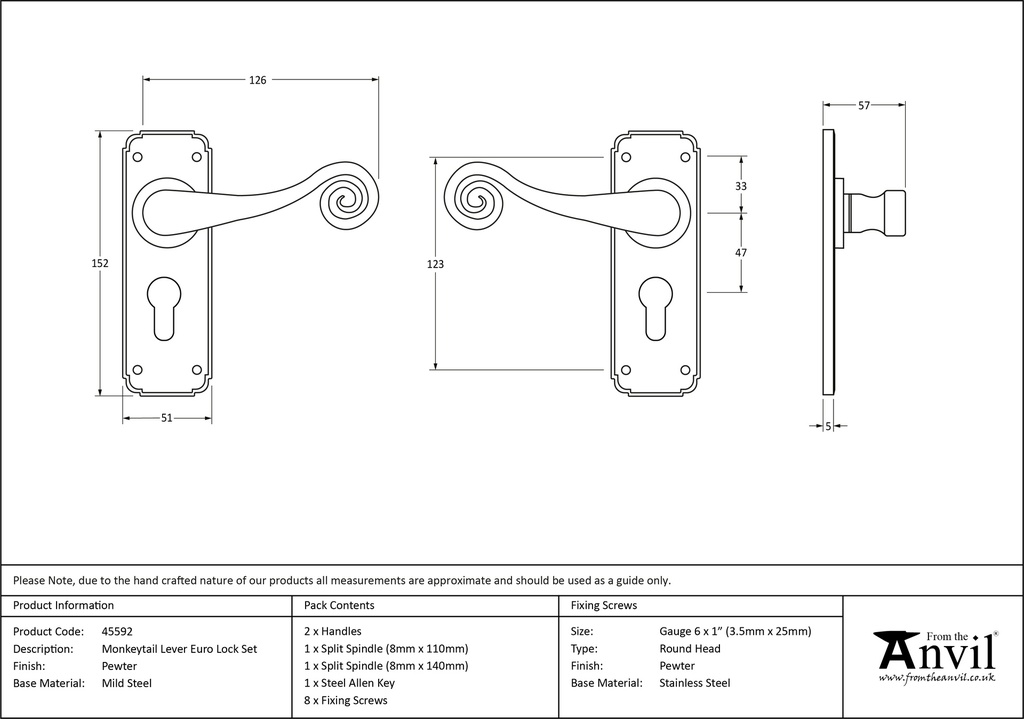 Pewter Monkeytail Lever Euro Lock Set - 45592 - Technical Drawing