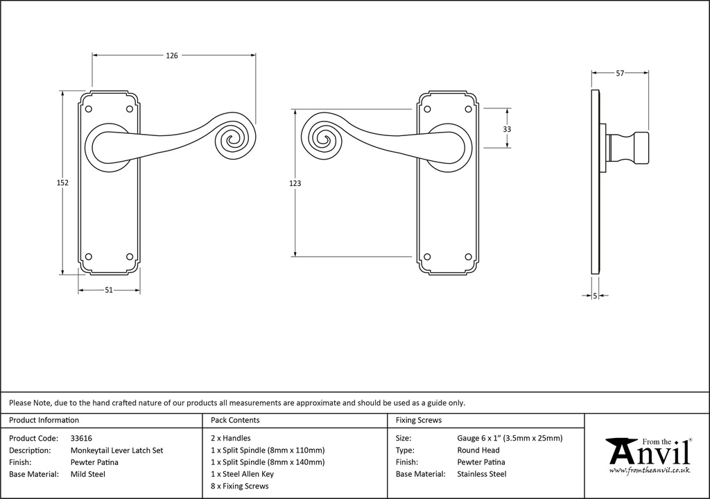 Pewter Monkeytail Lever Latch Set - 33616 - Technical Drawing