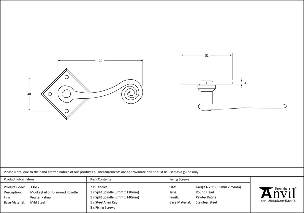 Pewter Monkeytail Lever on Rose (Diamond) - 33612 - Technical Drawing