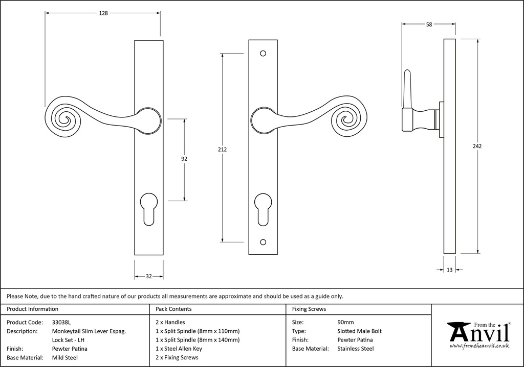 Pewter Monkeytail Slimline Lever Espag. Lock Set - LH - 33038L - Technical Drawing
