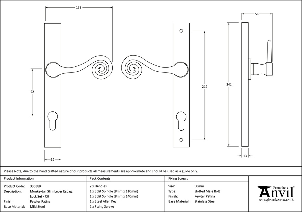 Pewter Monkeytail Slimline Lever Espag. Lock Set - RH - 33038R - Technical Drawing