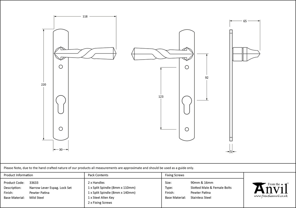 Pewter Narrow Lever Espag. Lock Set - 33633 - Technical Drawing