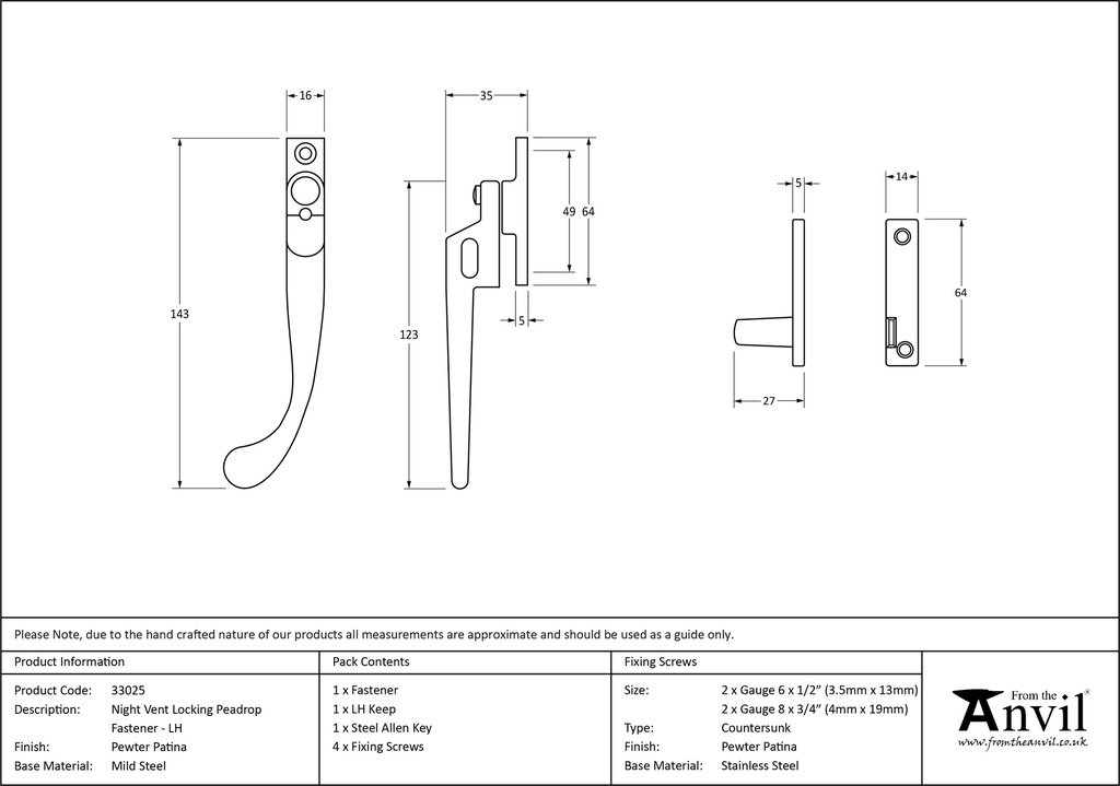 Pewter Night-Vent Locking Peardrop Fastener - LH - 33025 - Technical Drawing