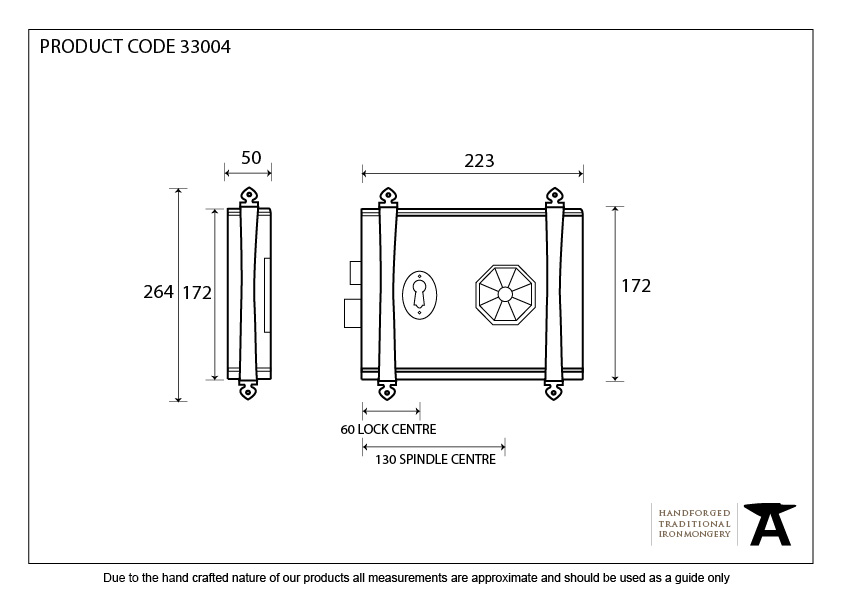 Pewter Oak Box Lock & Octagonal Knob Set - 33004 - Technical Drawing