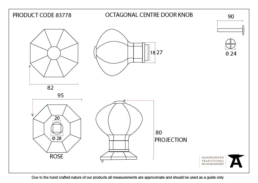Pewter Octagonal Centre Door Knob - 83778 - Technical Drawing