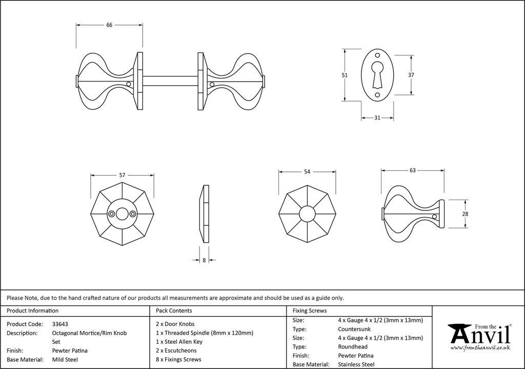 Pewter Octagonal Mortice/Rim Knob Set - 33643 - Technical Drawing