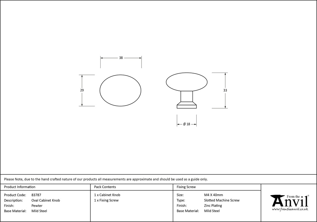 Pewter Oval Cabinet Knob - 83787 - Technical Drawing