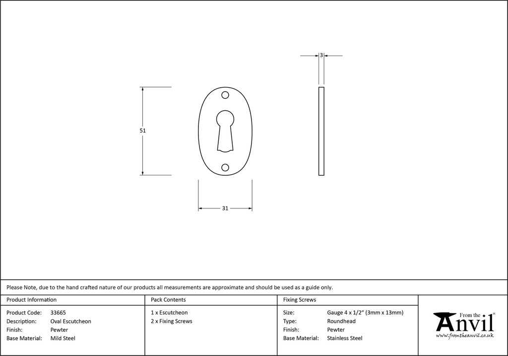 Pewter Oval Escutcheon - 33665 - Technical Drawing