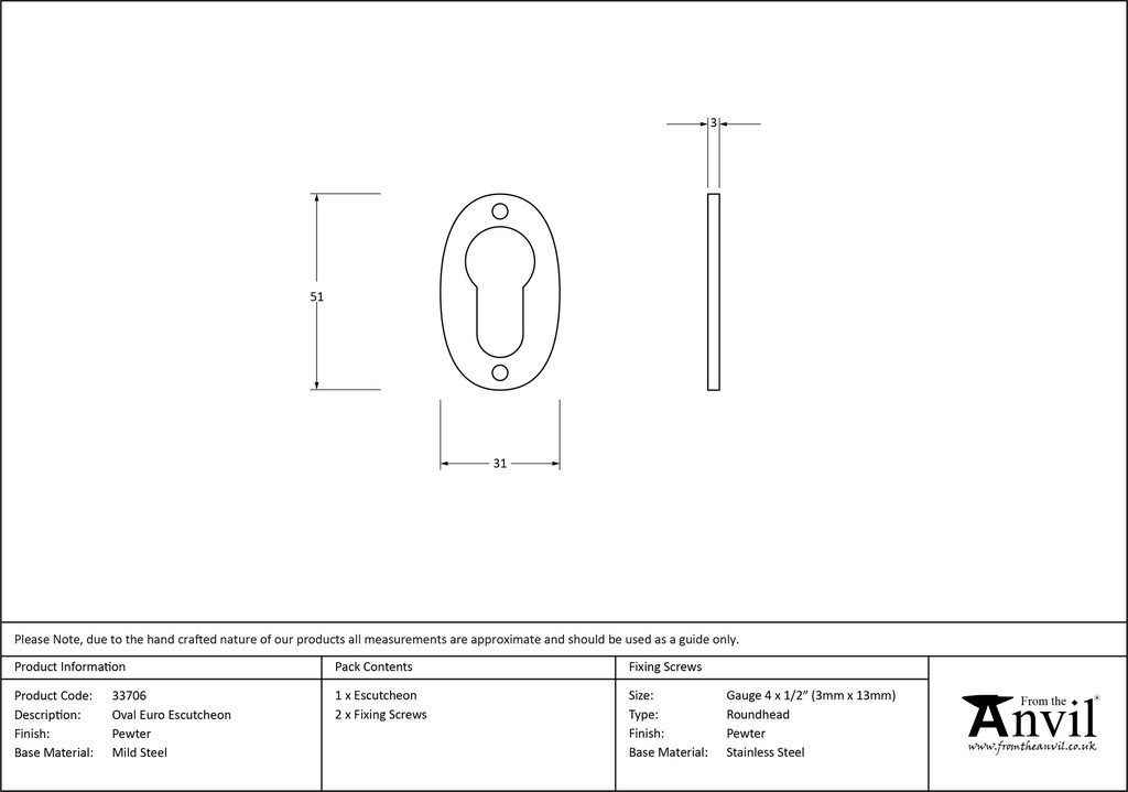 Pewter Oval Euro Escutcheon - 33706 - Technical Drawing