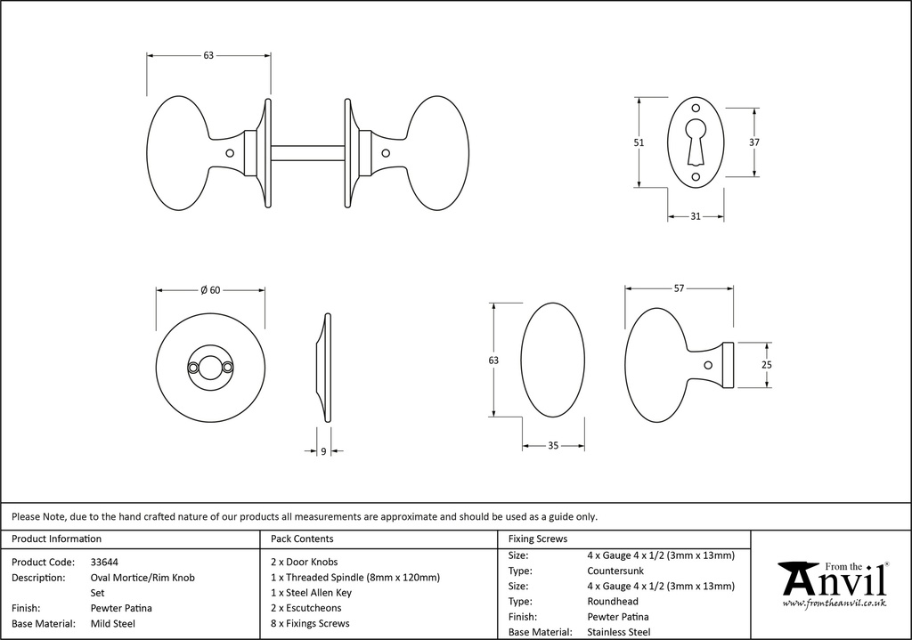 Pewter Oval Mortice/Rim Knob Set - 33644 - Technical Drawing