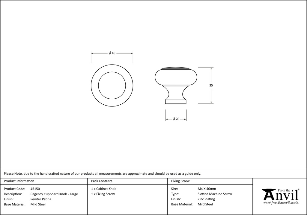 Pewter Regency Cabinet Knob - Large - 45150 - Technical Drawing