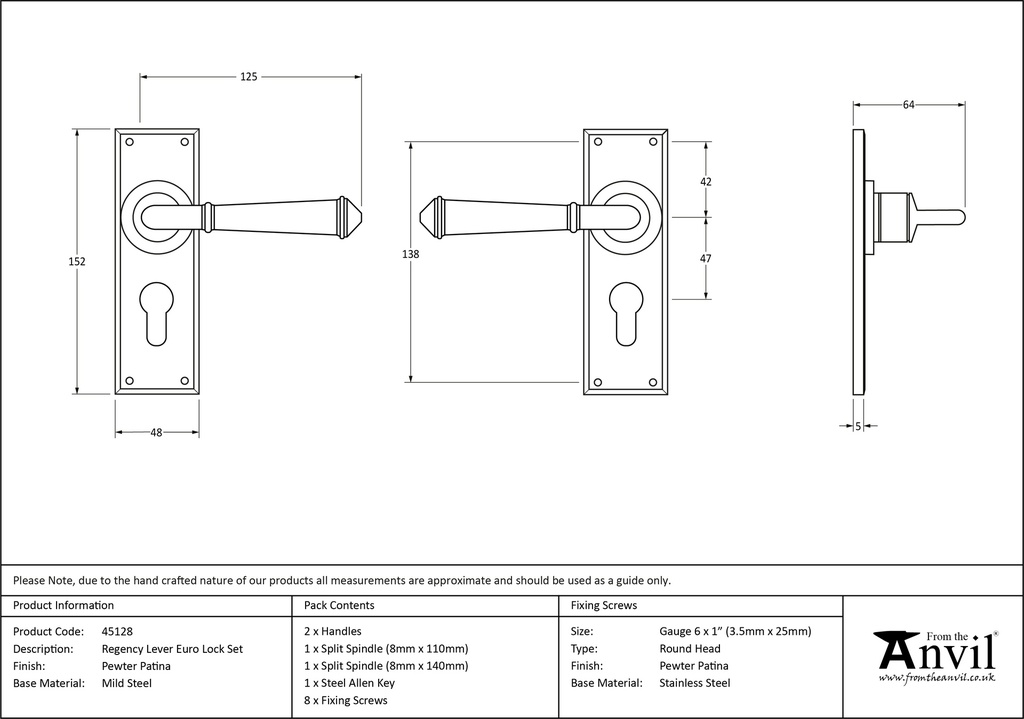 Pewter Regency Lever Euro Lock Set - 45128 - Technical Drawing