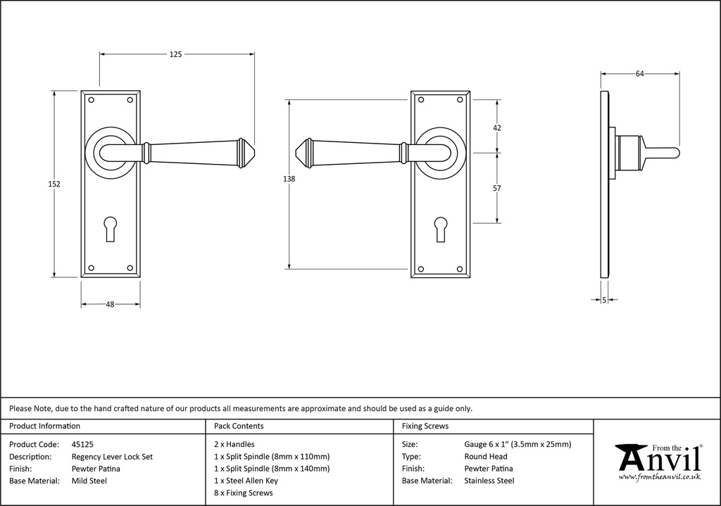 Pewter Regency Lever Lock set - 45125 - Technical Drawing