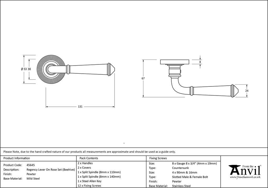 Pewter Regency Lever on Rose Set (Beehive) - 45645 - Technical Drawing