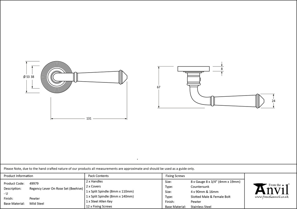 Pewter Regency Lever on Rose Set (Beehive) - Unsprung - 49979 - Technical Drawing