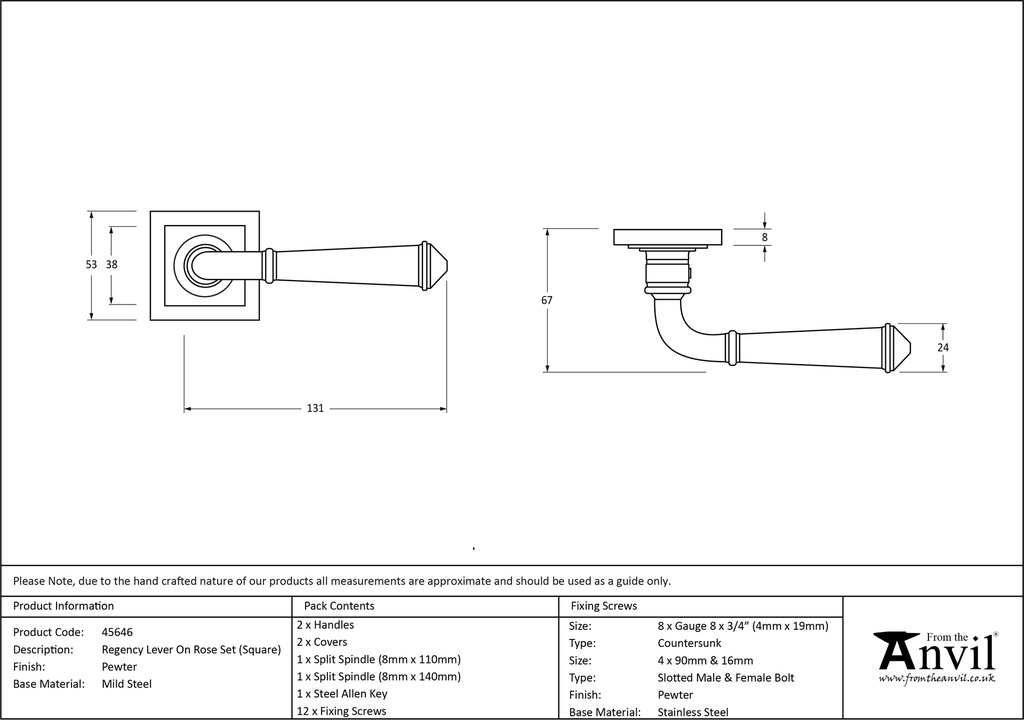 Pewter Regency Lever on Rose Set (Square) - 45646 - Technical Drawing