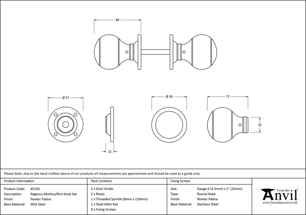 Pewter Regency Mortice/Rim Knob Set - 45156 - Technical Drawing