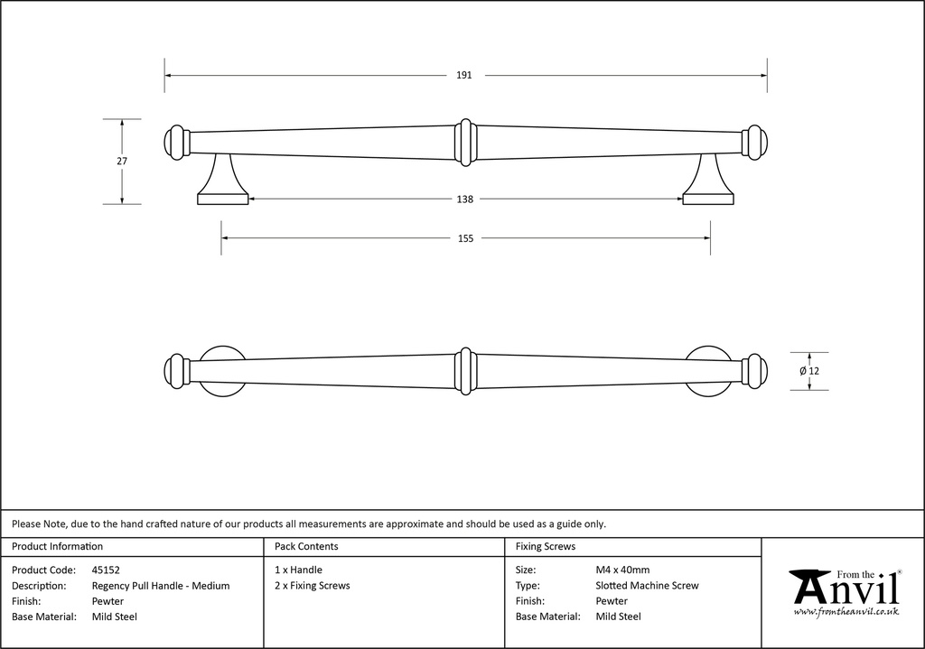 Pewter Regency Pull Handle - Medium - 45152 - Technical Drawing