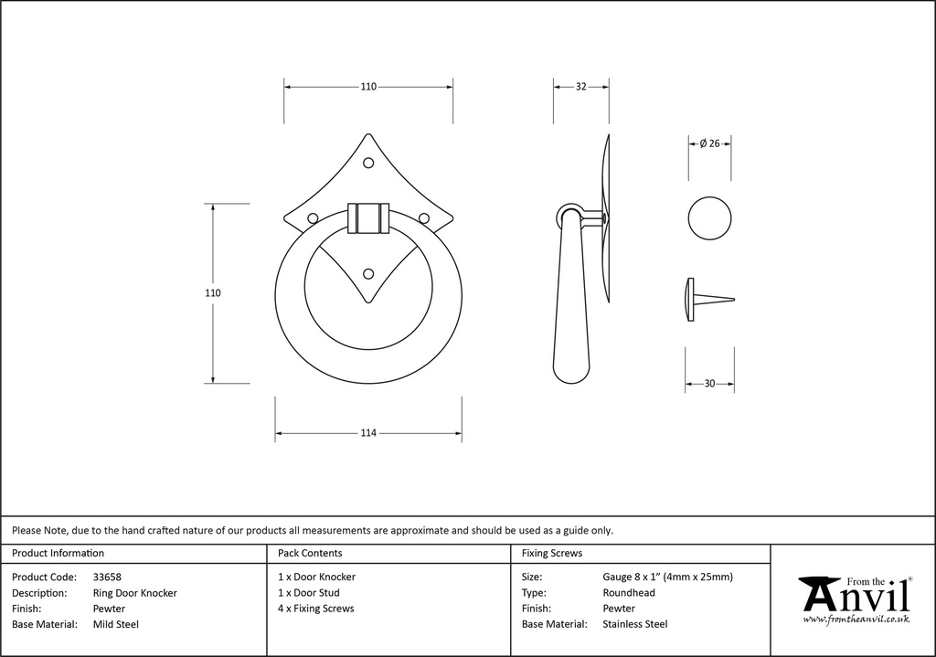 Pewter Ring Door Knocker - 33658 - Technical Drawing