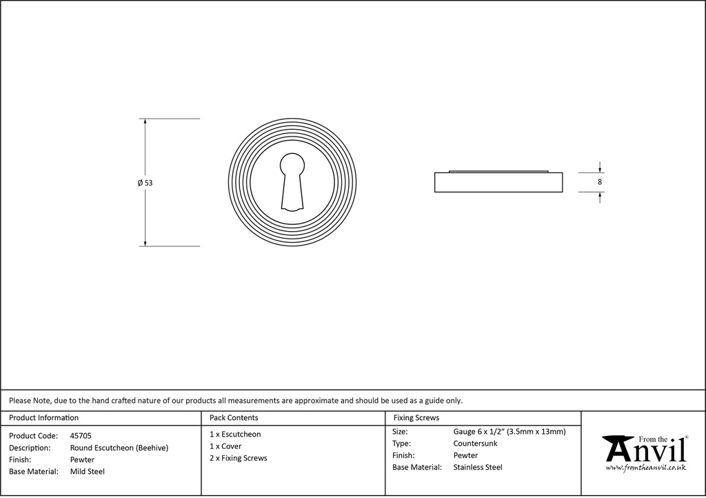 Pewter Round Escutcheon (Beehive) - 45705 - Technical Drawing
