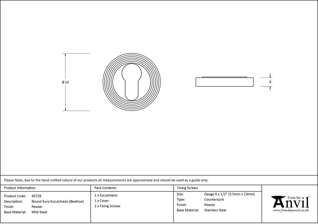 Pewter Round Euro Escutcheon (Beehive) - 45729 - Technical Drawing