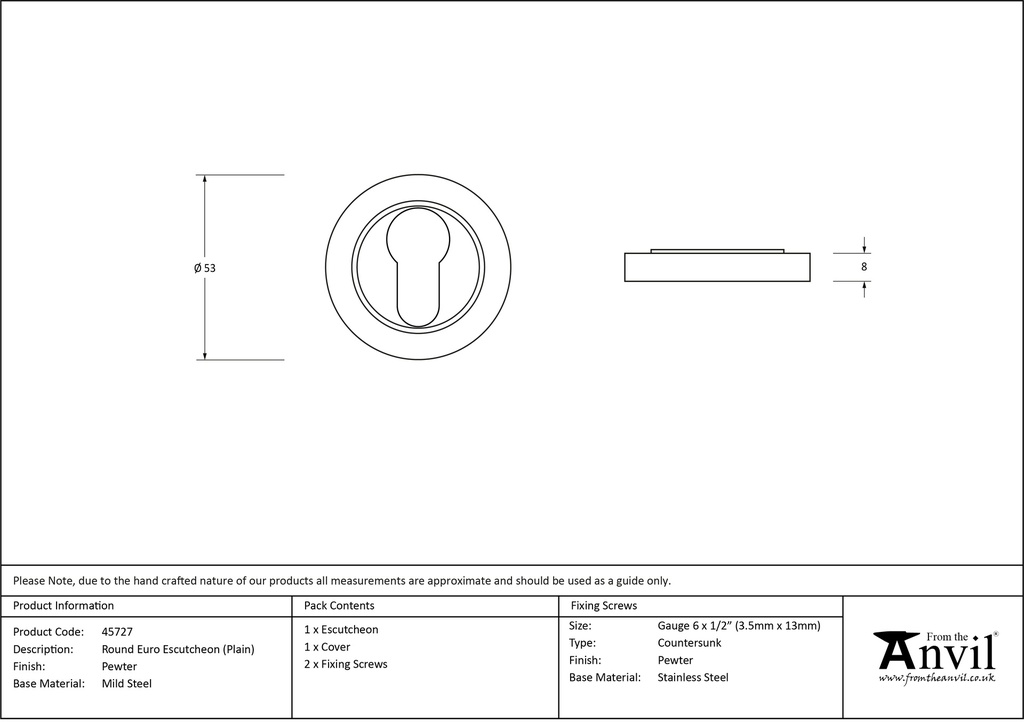 Pewter Round Euro Escutcheon (Plain) - 45727 - Technical Drawing