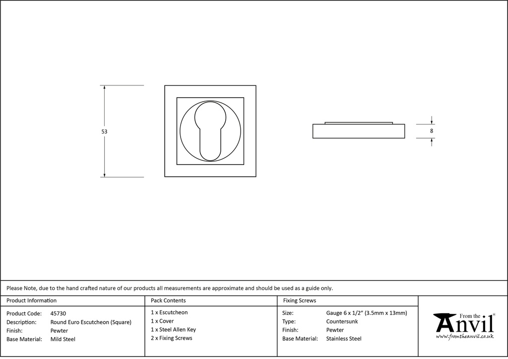 Pewter Round Euro Escutcheon (Square) - 45730 - Technical Drawing